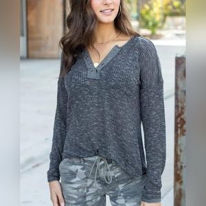 Grace & Lace Henley with Gromets. Grey. Size L. Never Worn